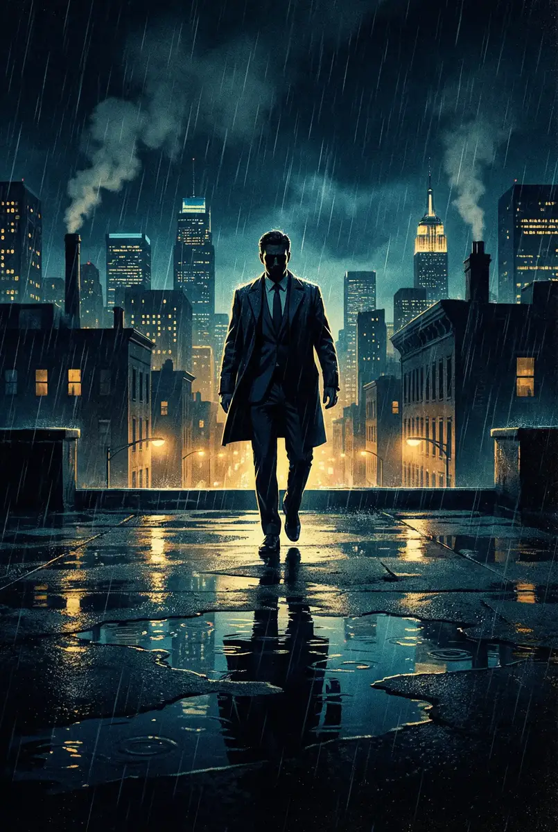 七天探花 出品影片《雨夜独行者》海报，雨中城市屋顶男性剪影